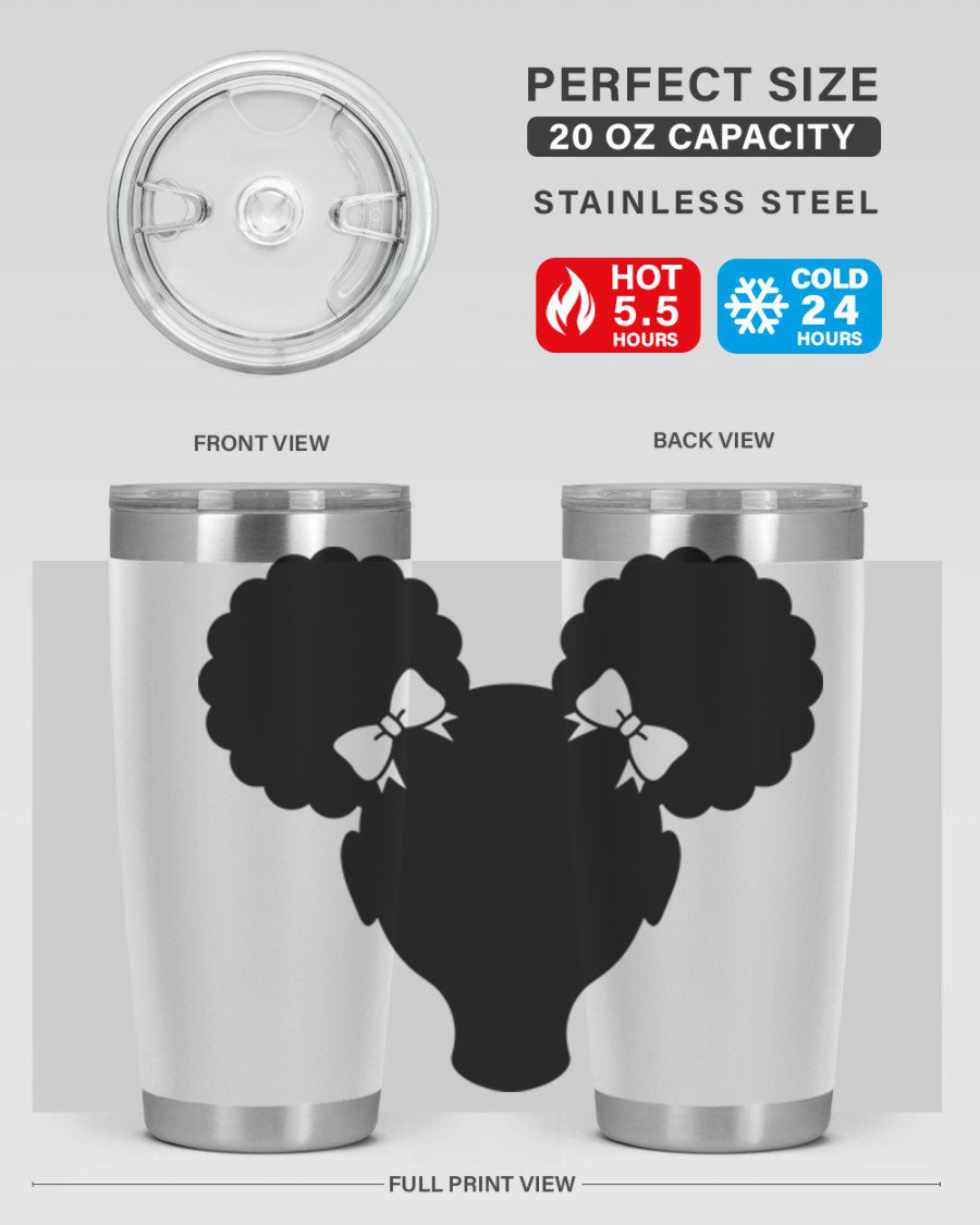 Afro Puffs Girl 77# Tumbler showcasing vibrant design and stainless steel finish, perfect for hot and cold beverages.