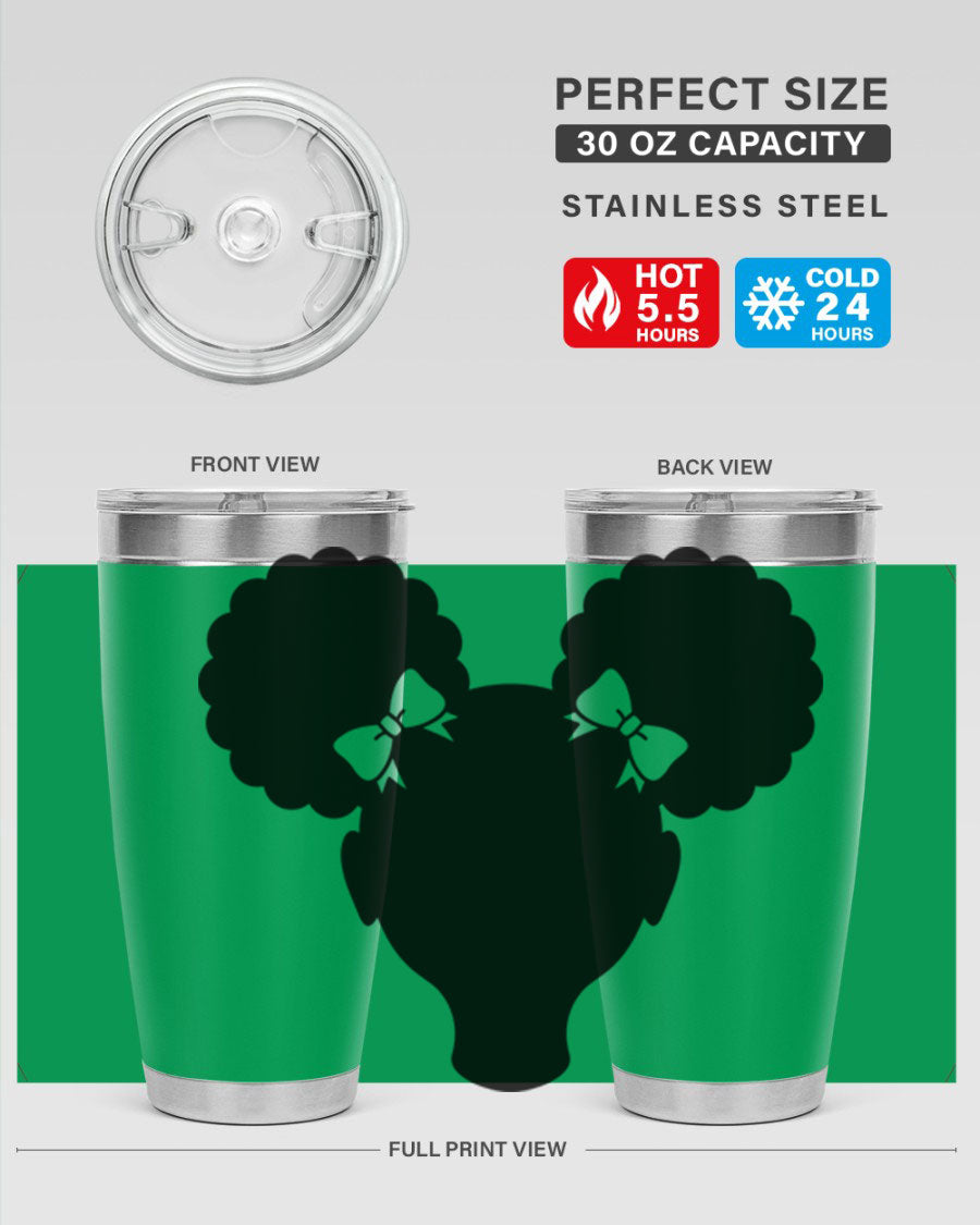 Afro Puffs Girl 77# Tumbler showcasing vibrant design and stainless steel finish, perfect for hot and cold beverages.