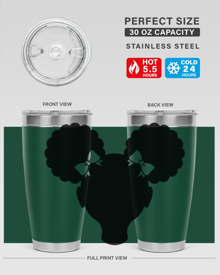 Afro Puffs Girl 77# Tumbler showcasing vibrant design and stainless steel finish, perfect for hot and cold beverages.