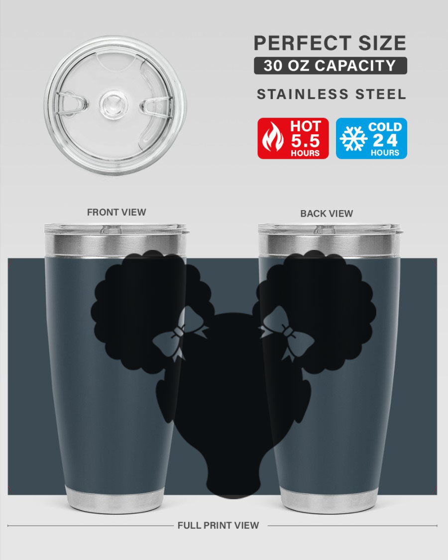 Afro Puffs Girl 77# Tumbler showcasing vibrant design and stainless steel finish, perfect for hot and cold beverages.