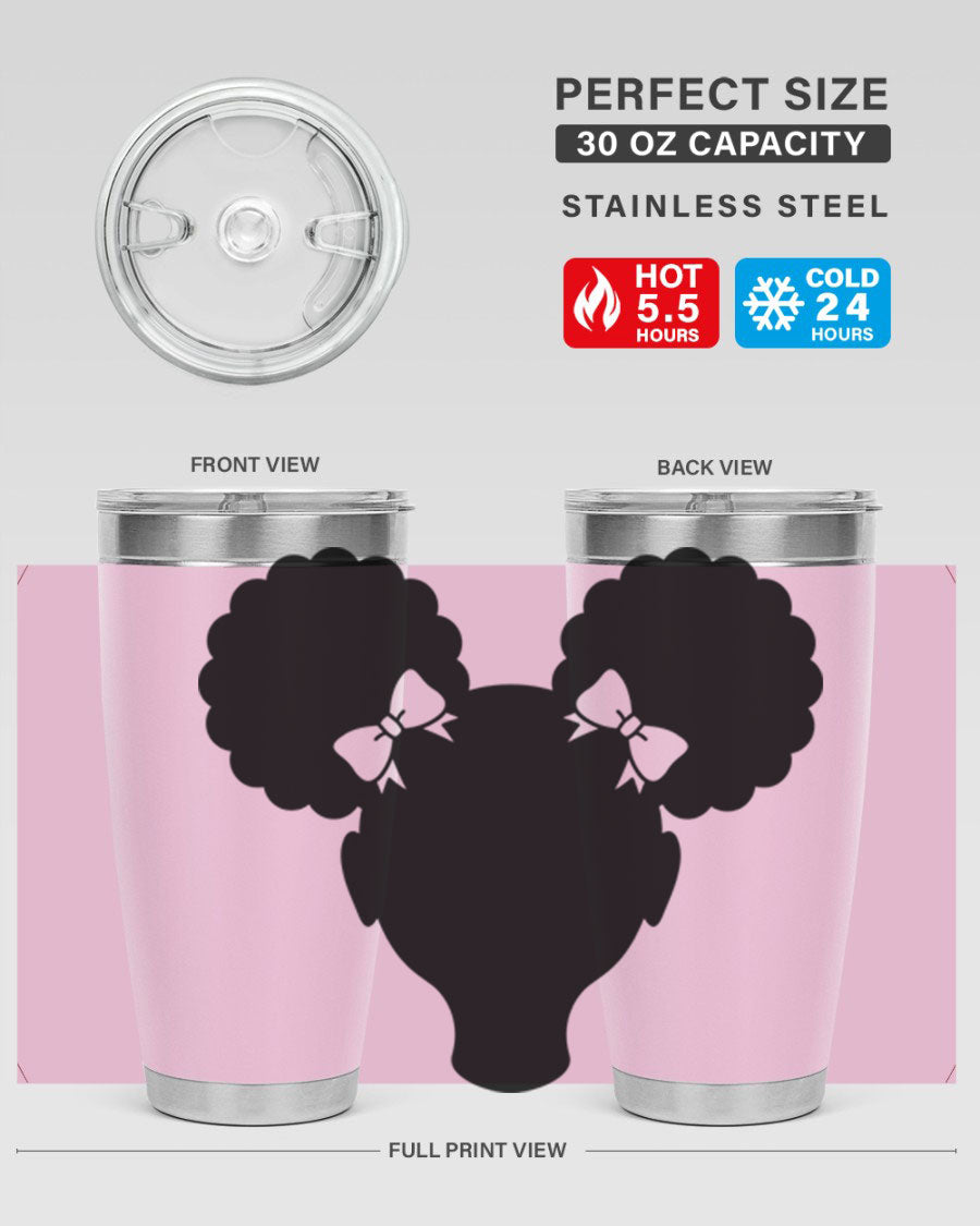 Afro Puffs Girl 77# Tumbler showcasing vibrant design and stainless steel finish, perfect for hot and cold beverages.