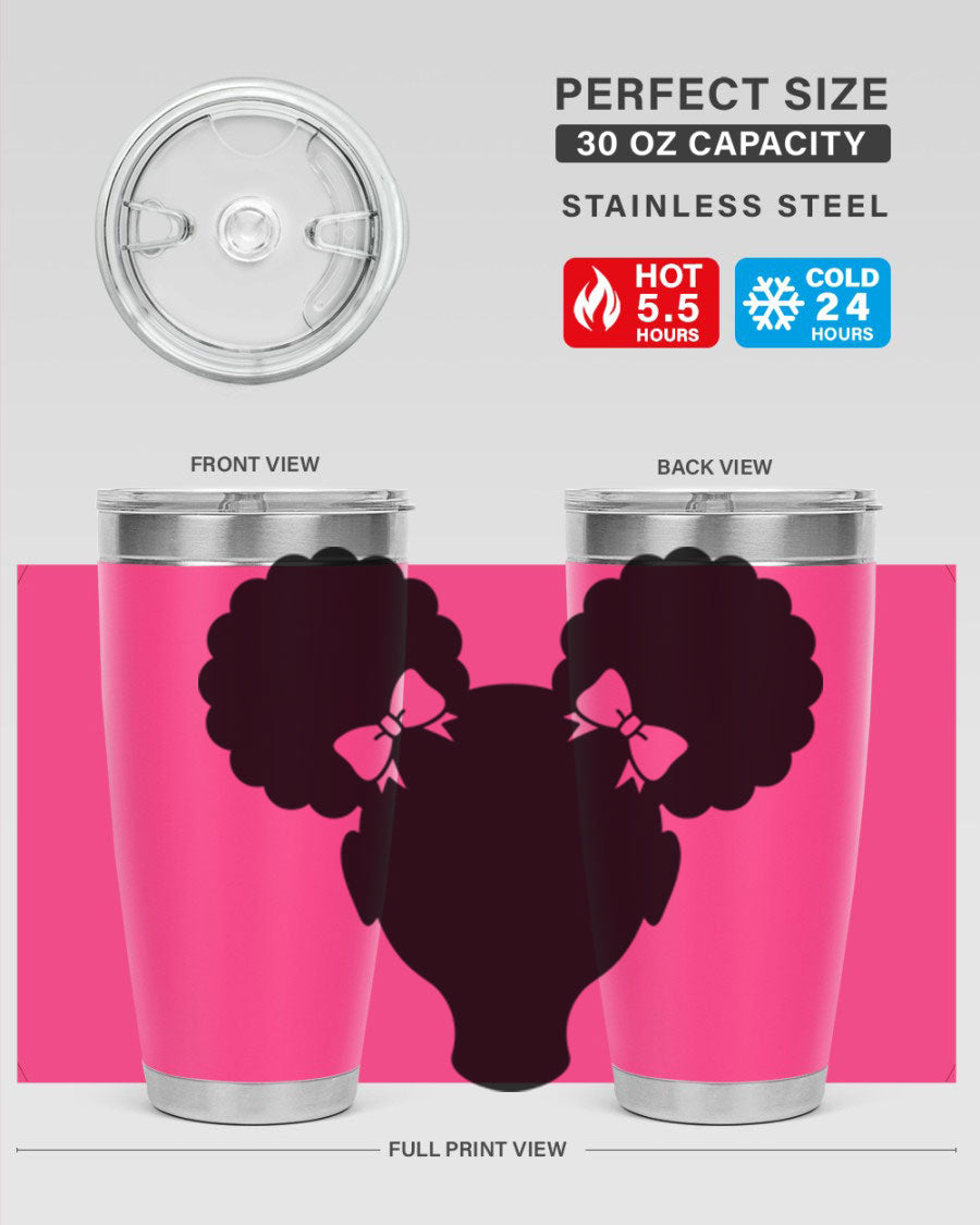Afro Puffs Girl 77# Tumbler showcasing vibrant design and stainless steel finish, perfect for hot and cold beverages.
