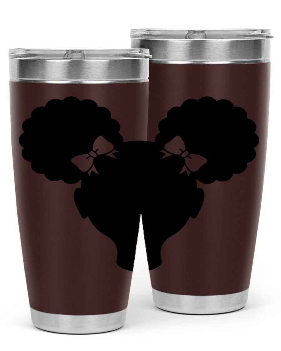 Afro Puffs Girl 77# Tumbler showcasing vibrant design and stainless steel finish, perfect for hot and cold beverages.