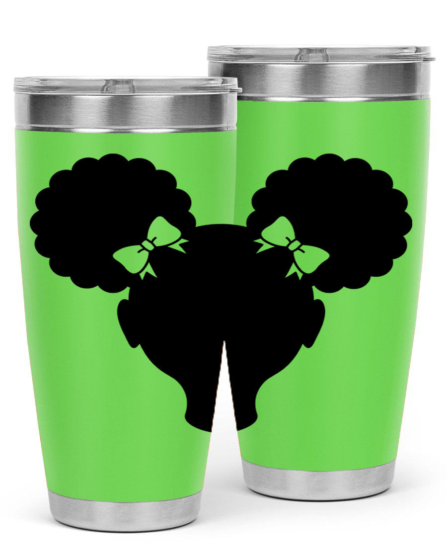 Afro Puffs Girl 77# Tumbler showcasing vibrant design and stainless steel finish, perfect for hot and cold beverages.
