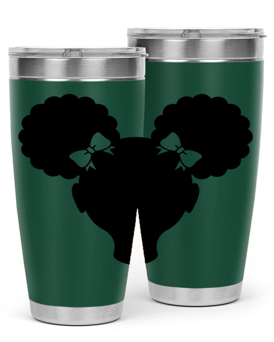Afro Puffs Girl 77# Tumbler showcasing vibrant design and stainless steel finish, perfect for hot and cold beverages.