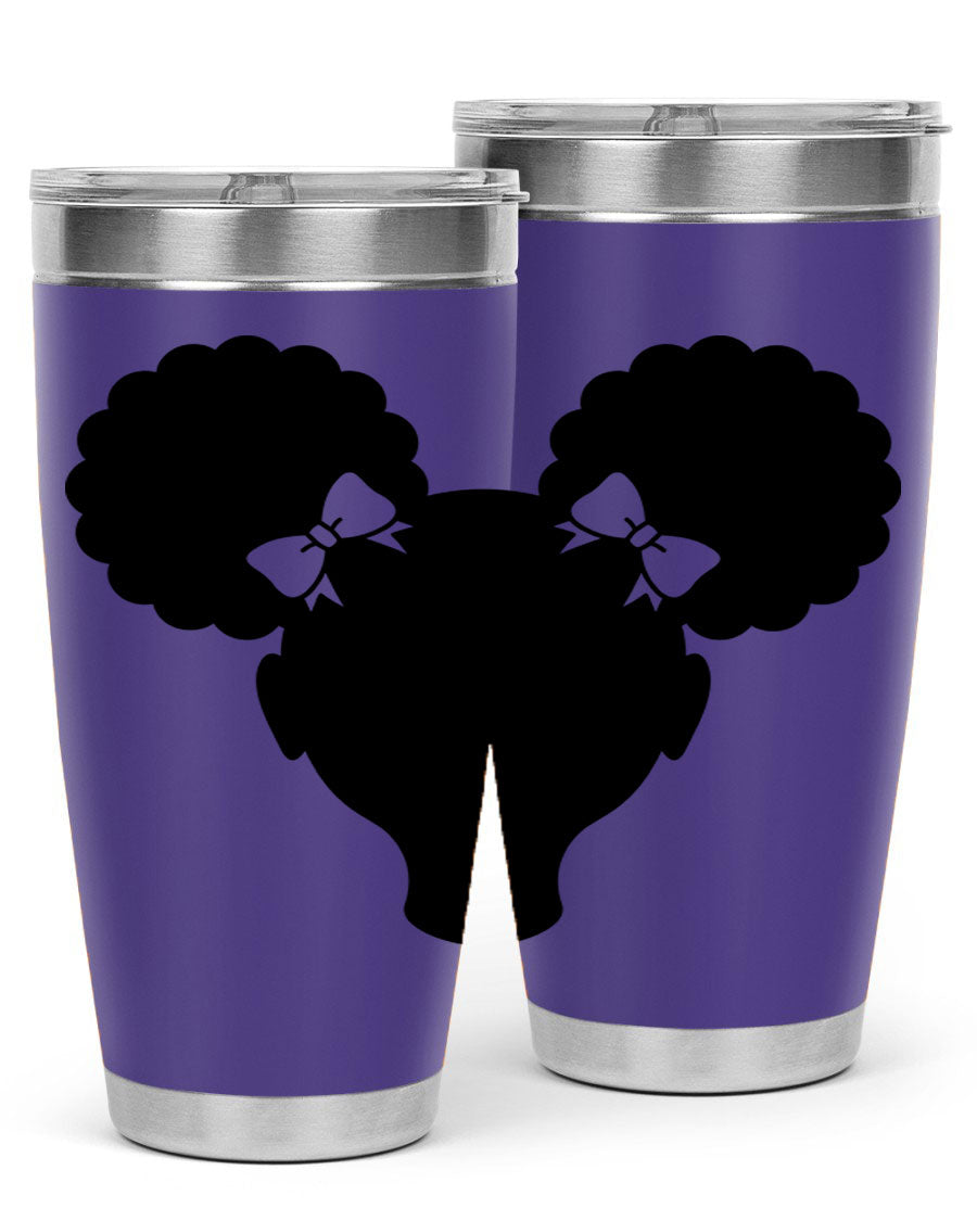 Afro Puffs Girl 77# Tumbler showcasing vibrant design and stainless steel finish, perfect for hot and cold beverages.