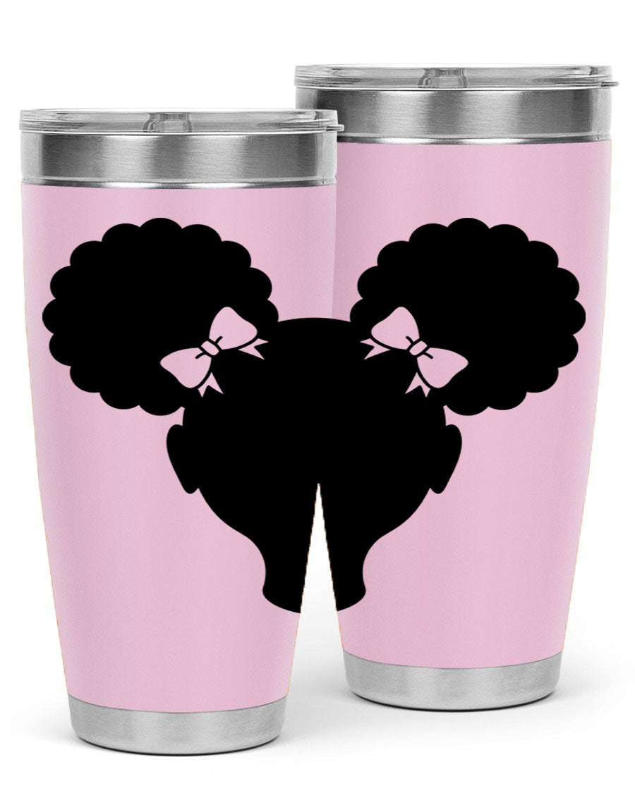 Afro Puffs Girl 77# Tumbler showcasing vibrant design and stainless steel finish, perfect for hot and cold beverages.