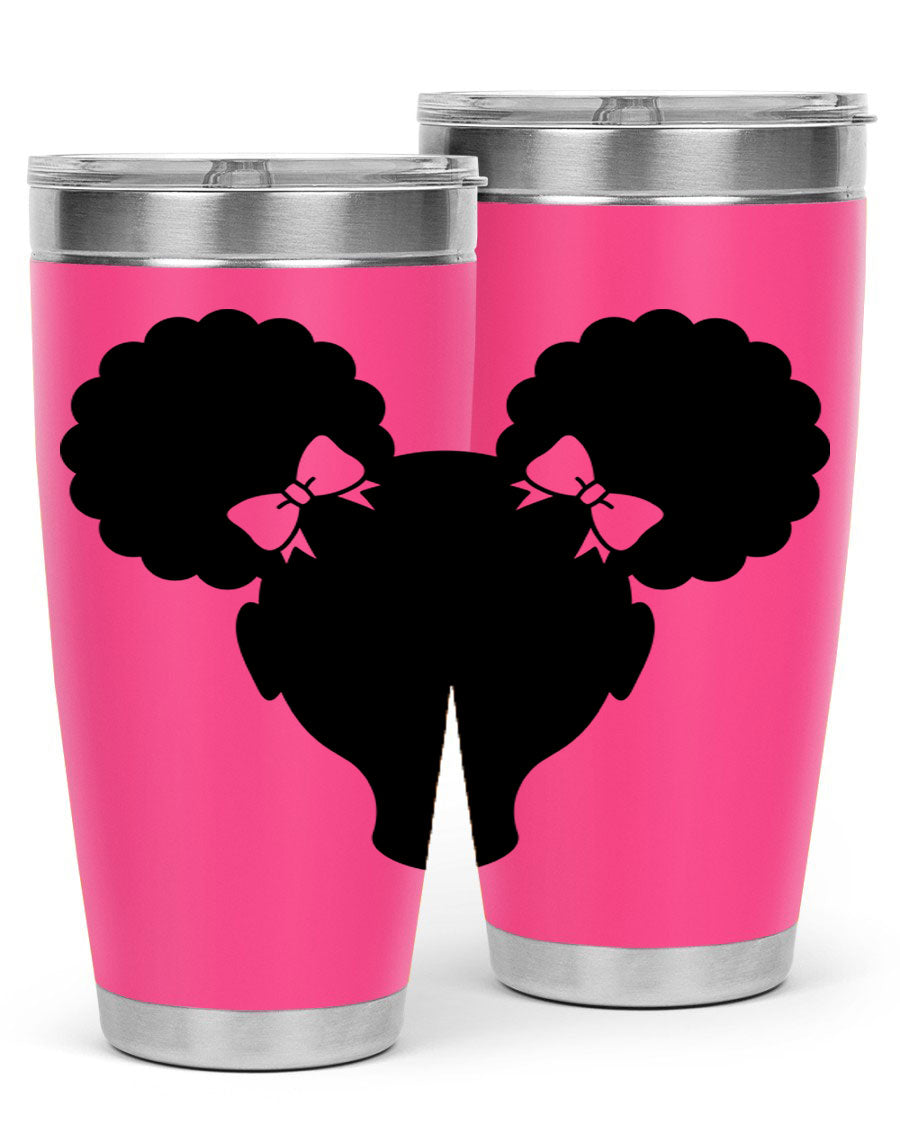 Afro Puffs Girl 77# Tumbler showcasing vibrant design and stainless steel finish, perfect for hot and cold beverages.