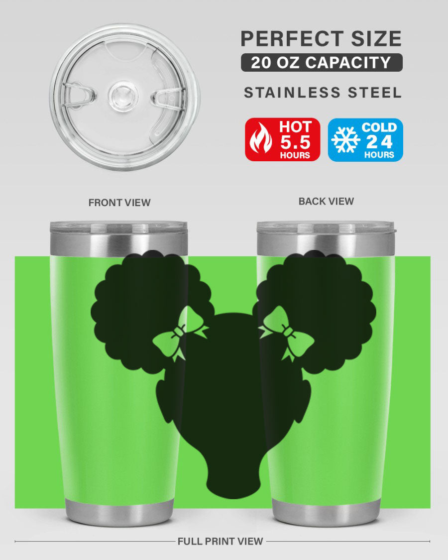 Afro Puffs Girl 77# Tumbler showcasing vibrant design and stainless steel finish, perfect for hot and cold beverages.