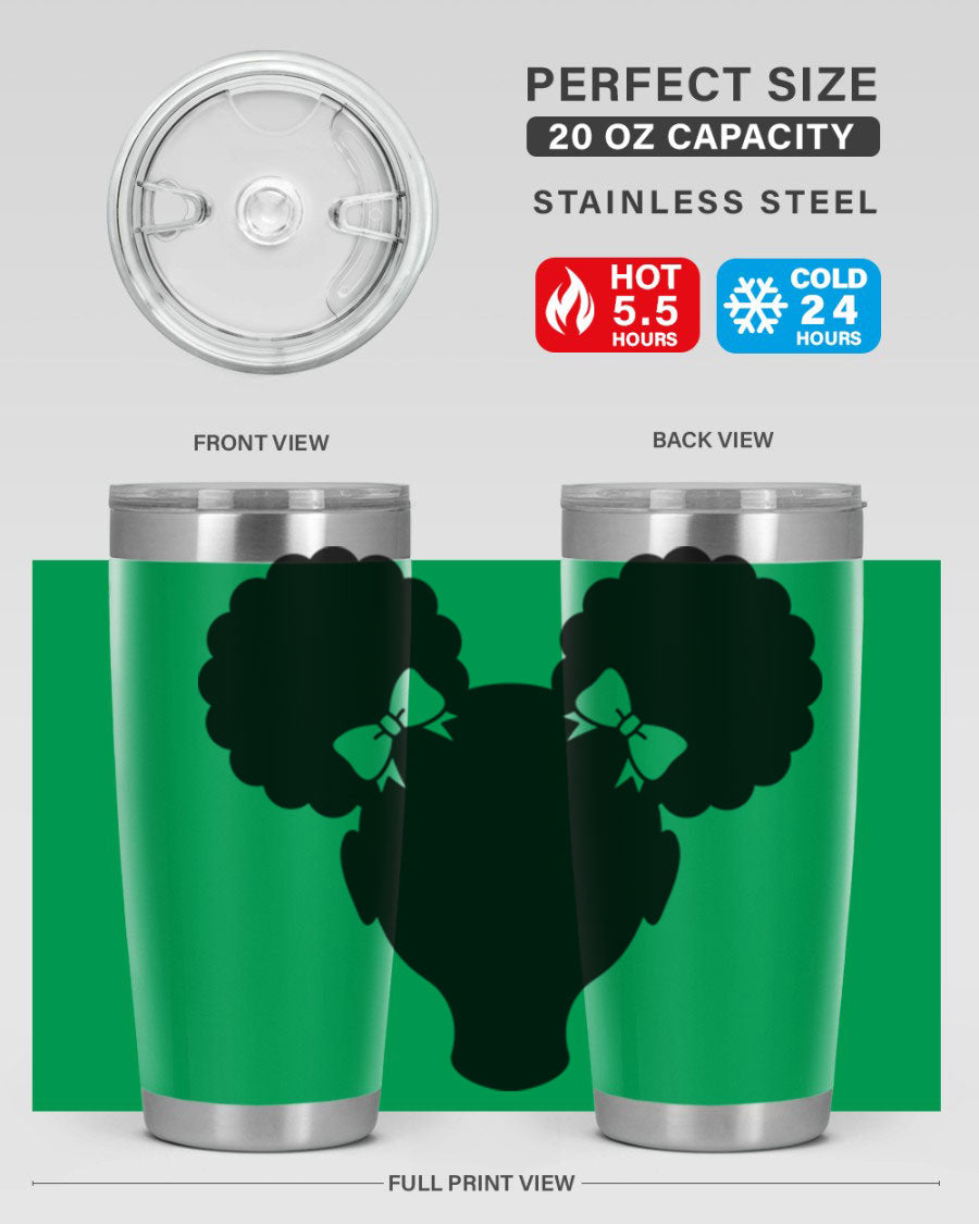Afro Puffs Girl 77# Tumbler showcasing vibrant design and stainless steel finish, perfect for hot and cold beverages.