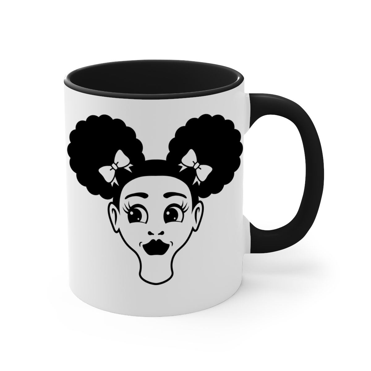 Afro Puffs Girl Face Mug featuring a colorful design with a glossy finish, available in multiple colors and sizes.