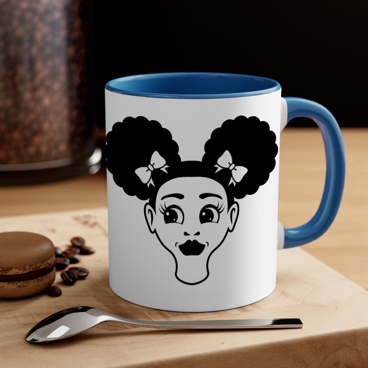 Afro Puffs Girl Face Mug featuring a colorful design with a glossy finish, available in multiple colors and sizes.