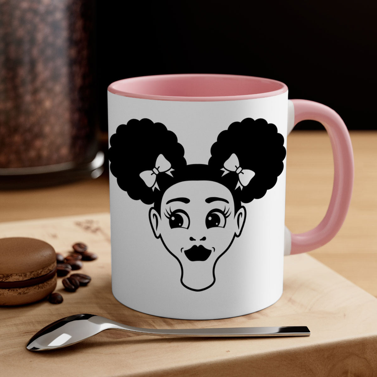 Afro Puffs Girl Face Mug featuring a colorful design with a glossy finish, available in multiple colors and sizes.