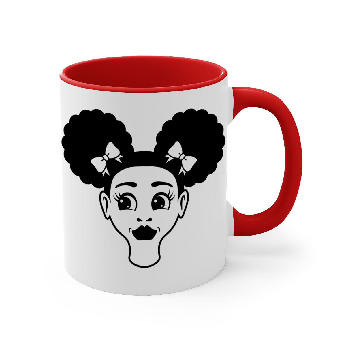 Afro Puffs Girl Face Mug featuring a colorful design with a glossy finish, available in multiple colors and sizes.