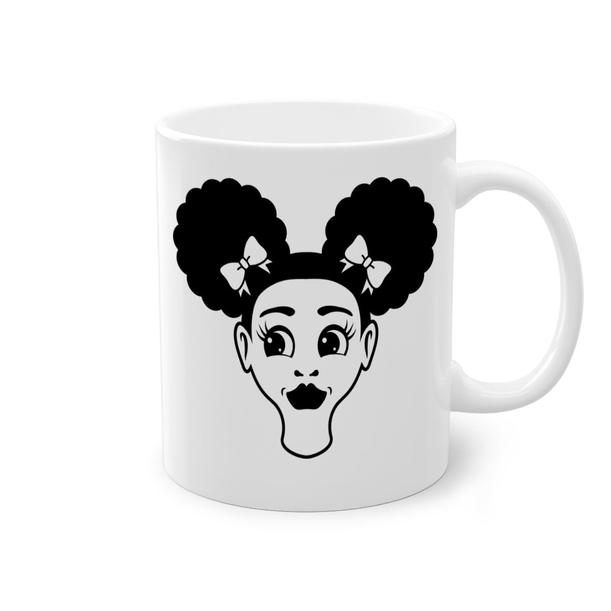 Afro Puffs Girl Face Mug featuring a colorful design with a glossy finish, available in multiple colors and sizes.
