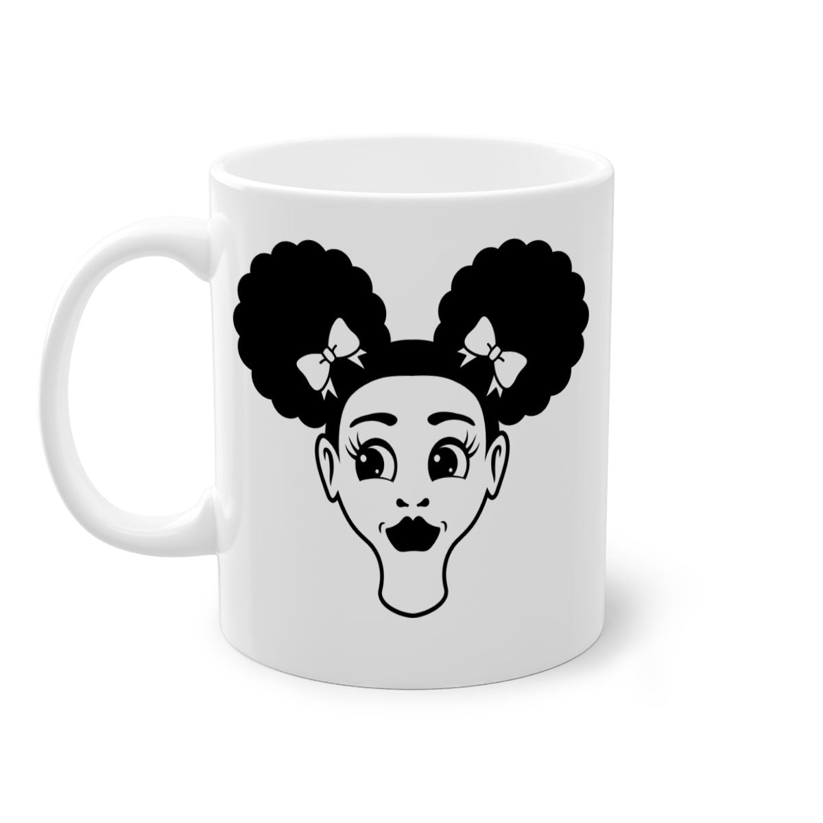 Afro Puffs Girl Face Mug featuring a colorful design with a glossy finish, available in multiple colors and sizes.
