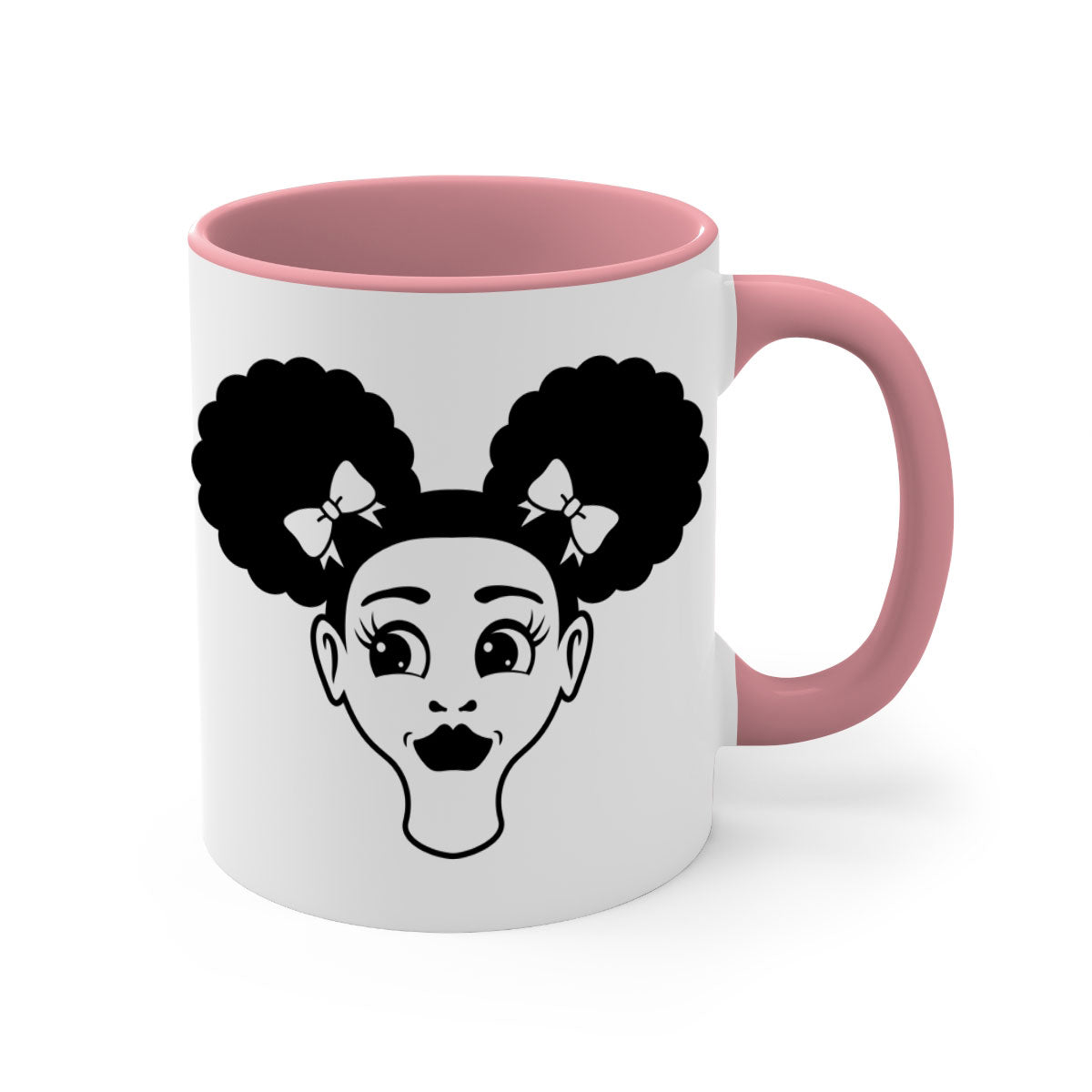 Afro Puffs Girl Face Mug featuring a colorful design with a glossy finish, available in multiple colors and sizes.