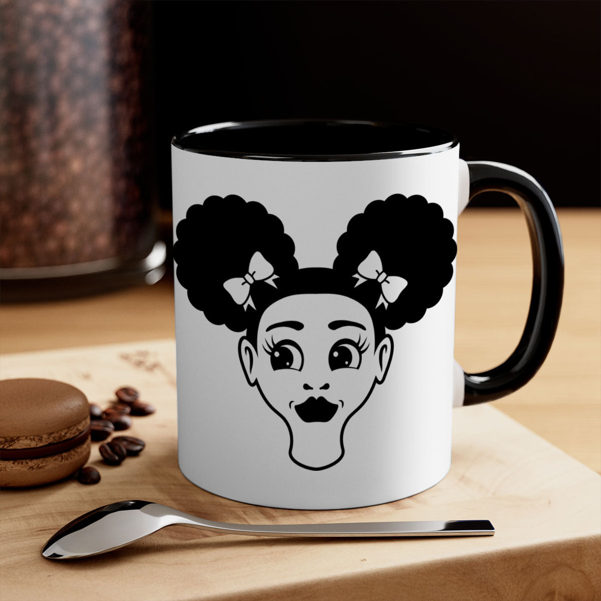 Afro Puffs Girl Face Mug featuring a colorful design with a glossy finish, available in multiple colors and sizes.