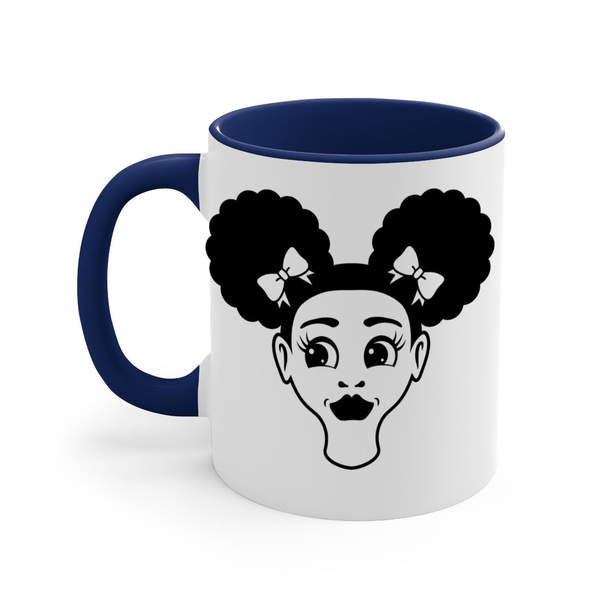 Afro Puffs Girl Face Mug featuring a colorful design with a glossy finish, available in multiple colors and sizes.