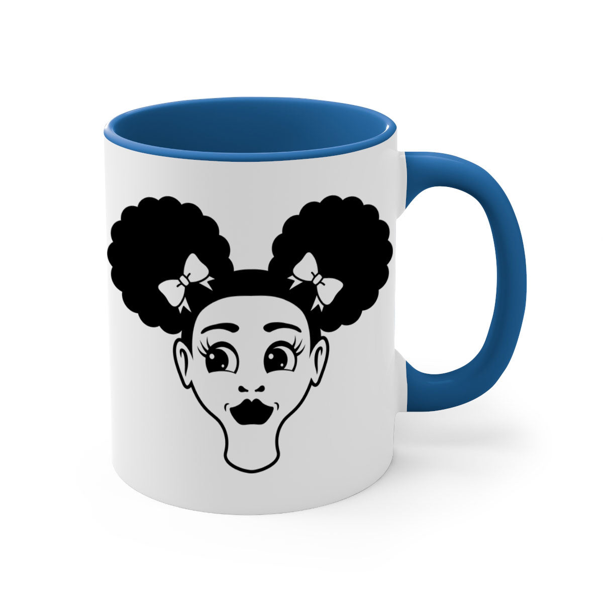 Afro Puffs Girl Face Mug featuring a colorful design with a glossy finish, available in multiple colors and sizes.