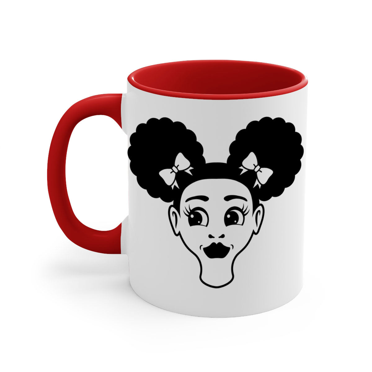 Afro Puffs Girl Face Mug featuring a colorful design with a glossy finish, available in multiple colors and sizes.
