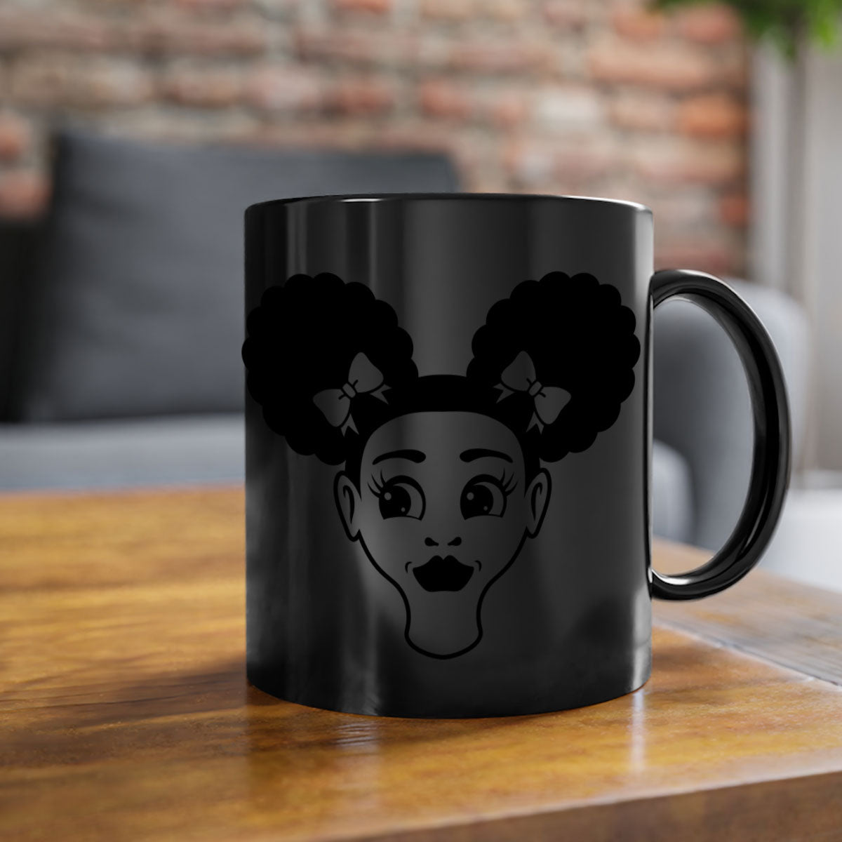 Afro Puffs Girl Face Mug featuring a colorful design with a glossy finish, available in multiple colors and sizes.