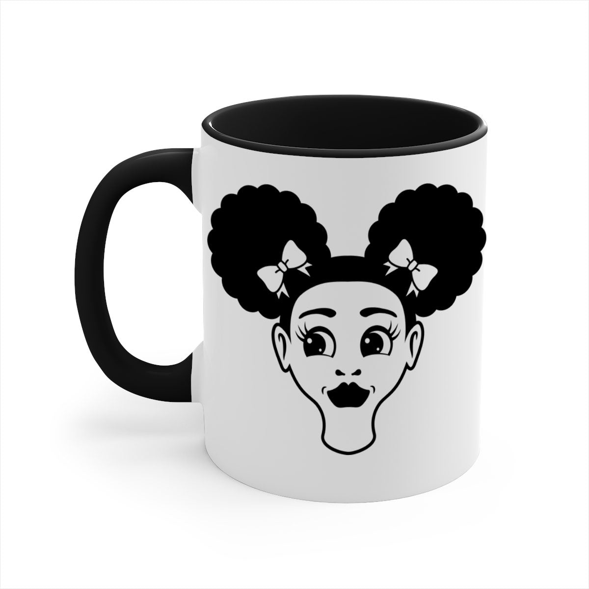 Afro Puffs Girl Face Mug featuring a colorful design with a glossy finish, available in multiple colors and sizes.