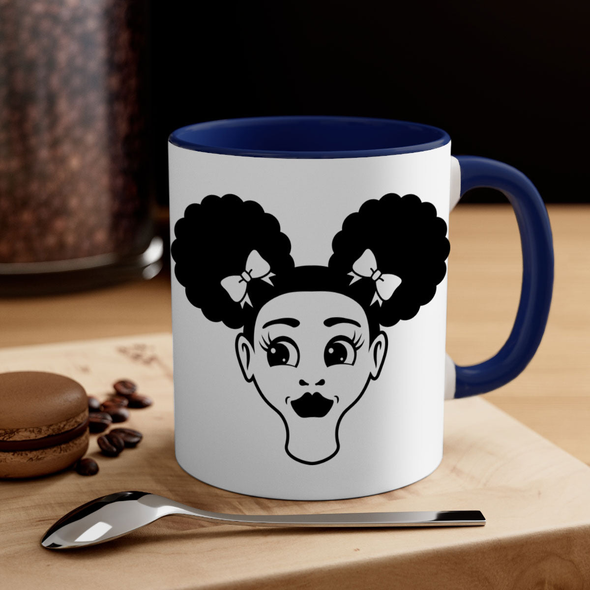 Afro Puffs Girl Face Mug featuring a colorful design with a glossy finish, available in multiple colors and sizes.