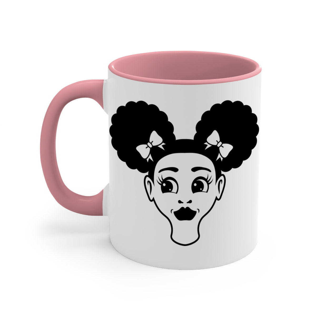 Afro Puffs Girl Face Mug featuring a colorful design with a glossy finish, available in multiple colors and sizes.