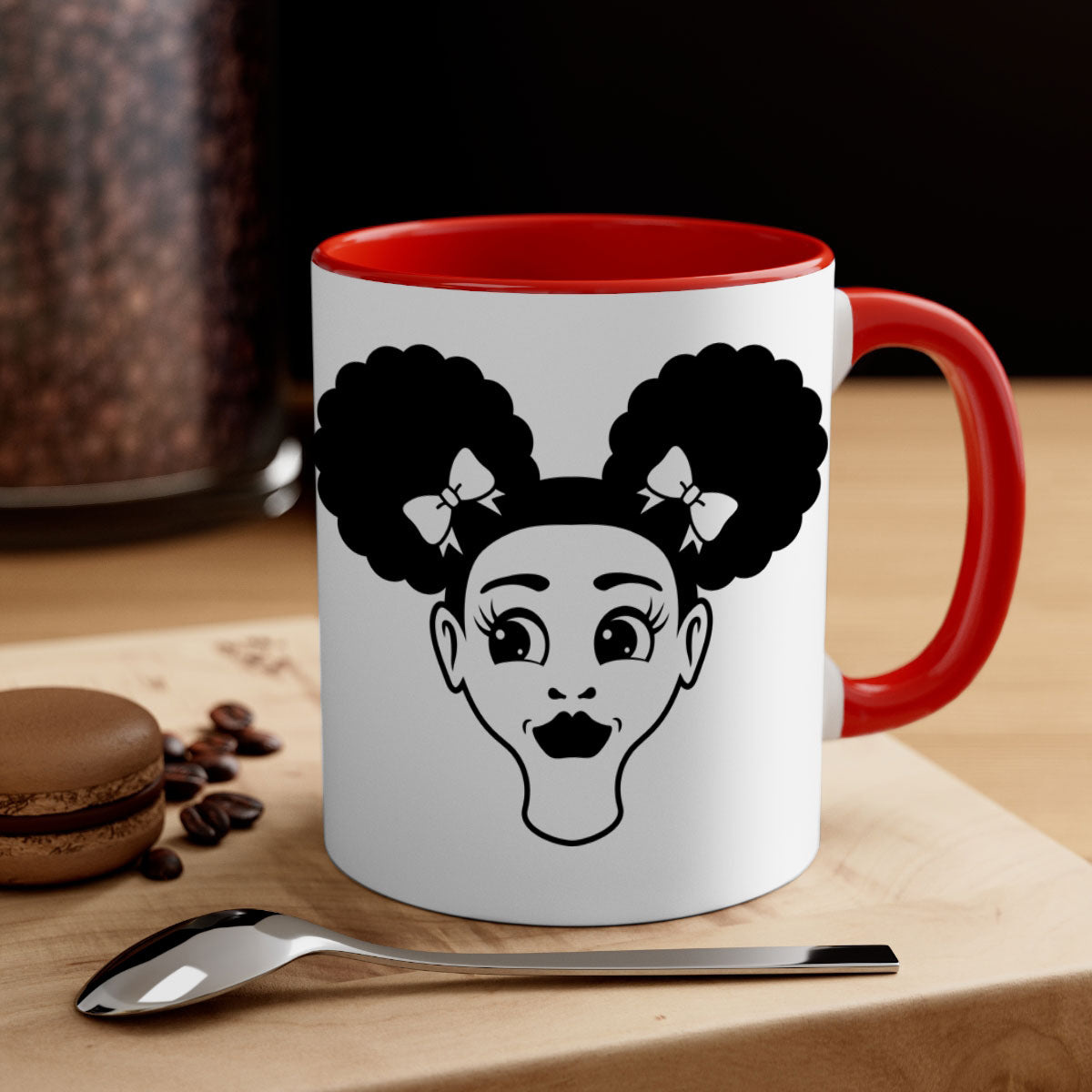 Afro Puffs Girl Face Mug featuring a colorful design with a glossy finish, available in multiple colors and sizes.