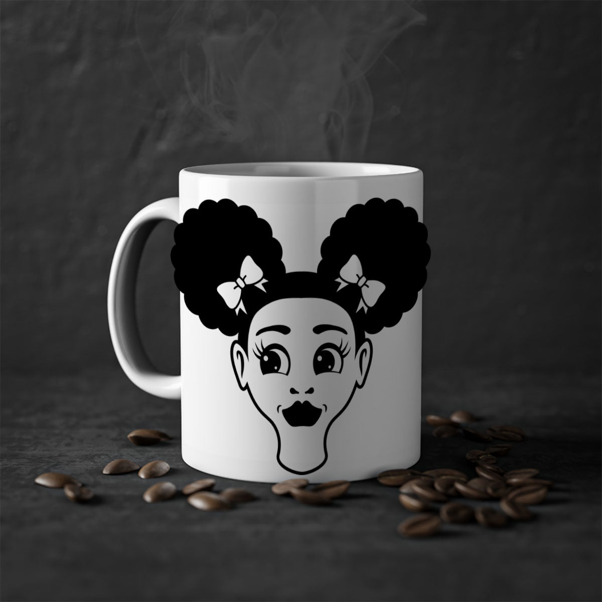 Afro Puffs Girl Face Mug featuring a colorful design with a glossy finish, available in multiple colors and sizes.