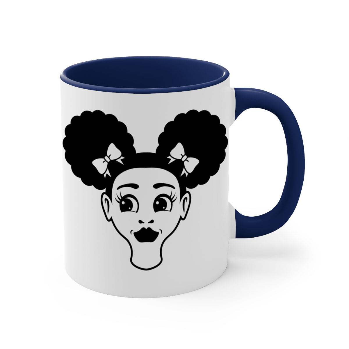 Afro Puffs Girl Face Mug featuring a colorful design with a glossy finish, available in multiple colors and sizes.