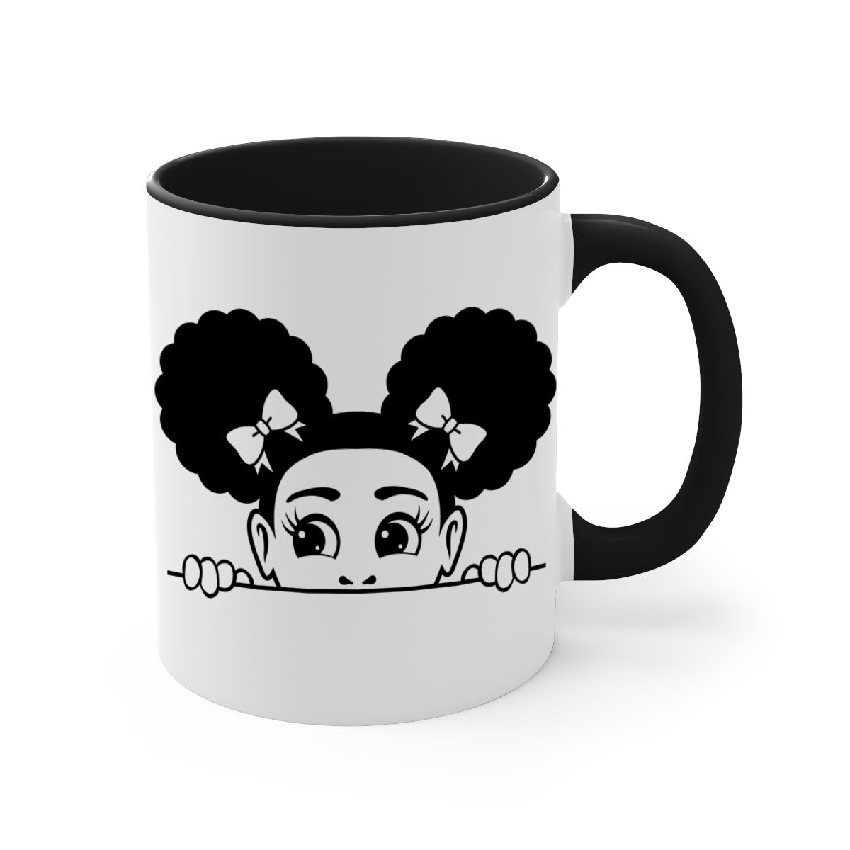 Afro Puffs Girl Peekaboo Mug featuring a colorful design, available in multiple colors with a glossy finish.