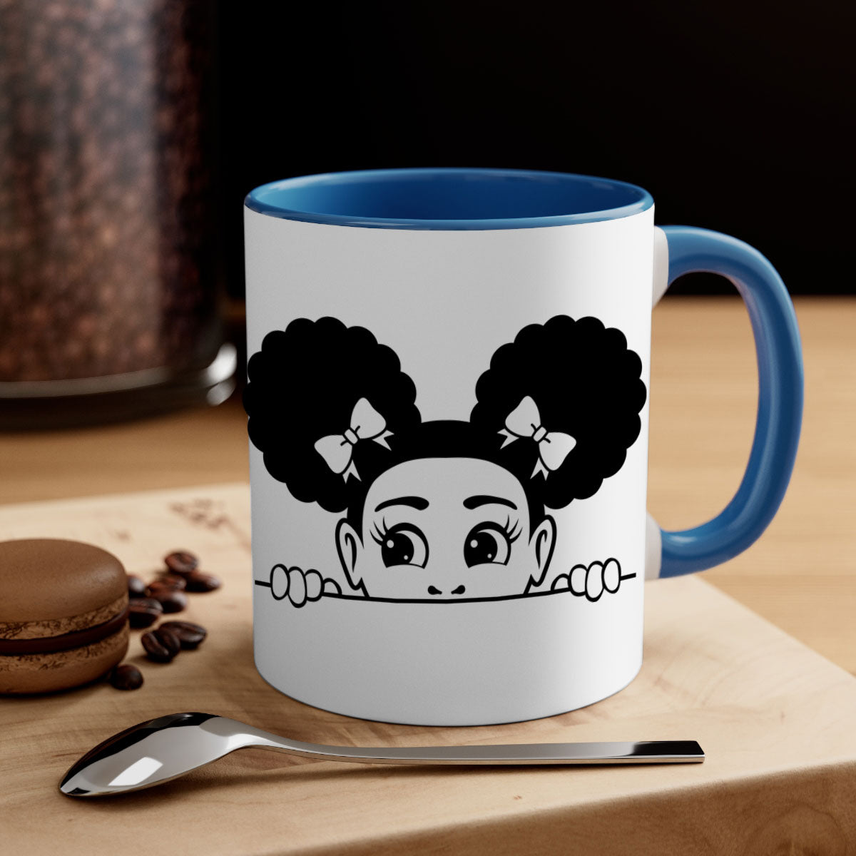Afro Puffs Girl Peekaboo Mug featuring a colorful design, available in multiple colors with a glossy finish.