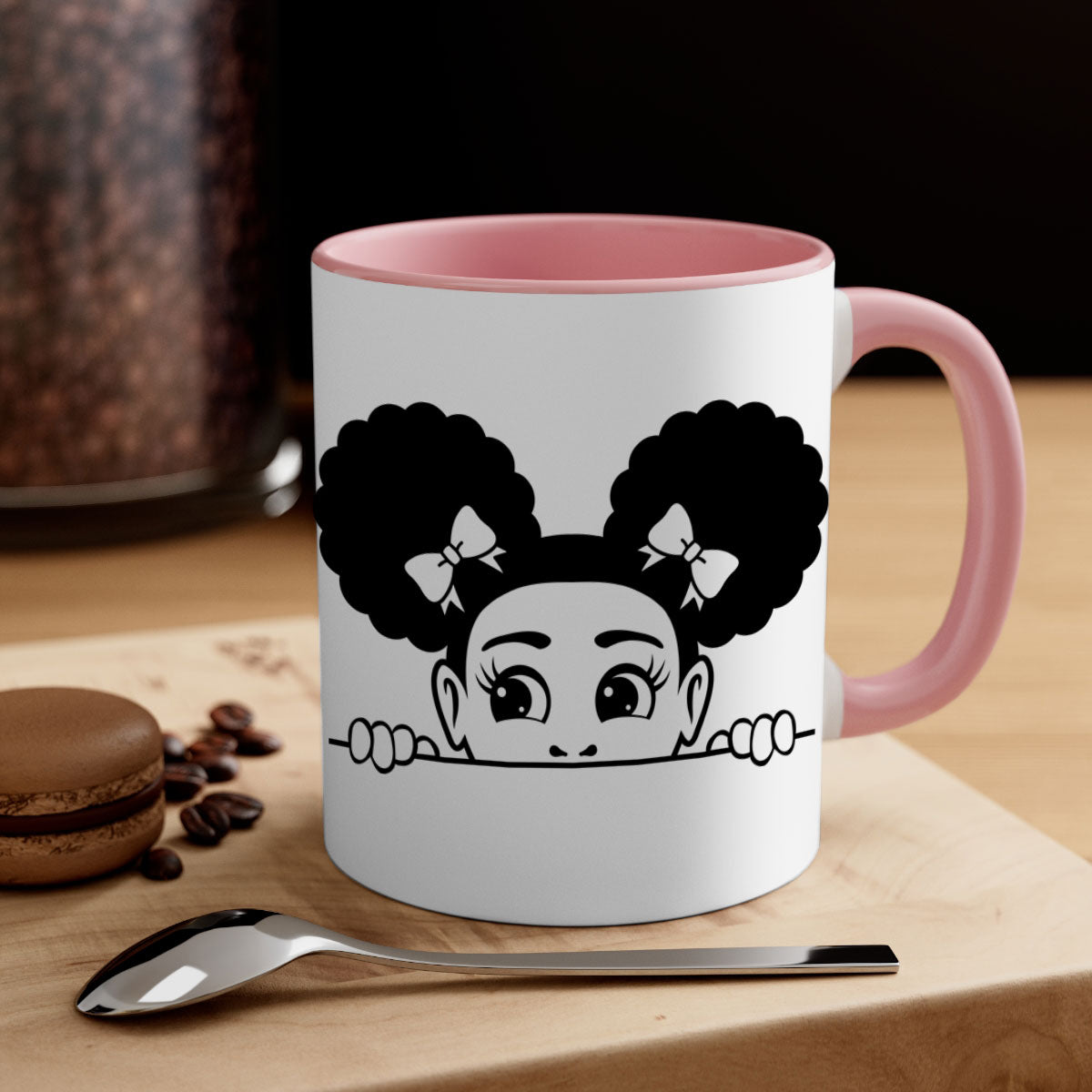 Afro Puffs Girl Peekaboo Mug featuring a colorful design, available in multiple colors with a glossy finish.
