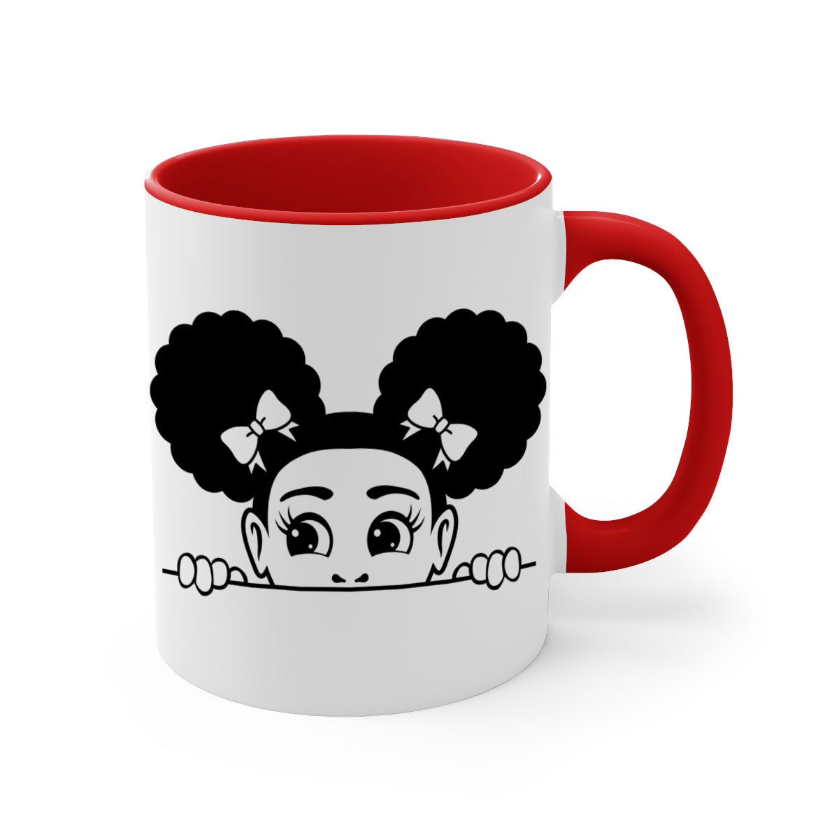Afro Puffs Girl Peekaboo Mug featuring a colorful design, available in multiple colors with a glossy finish.