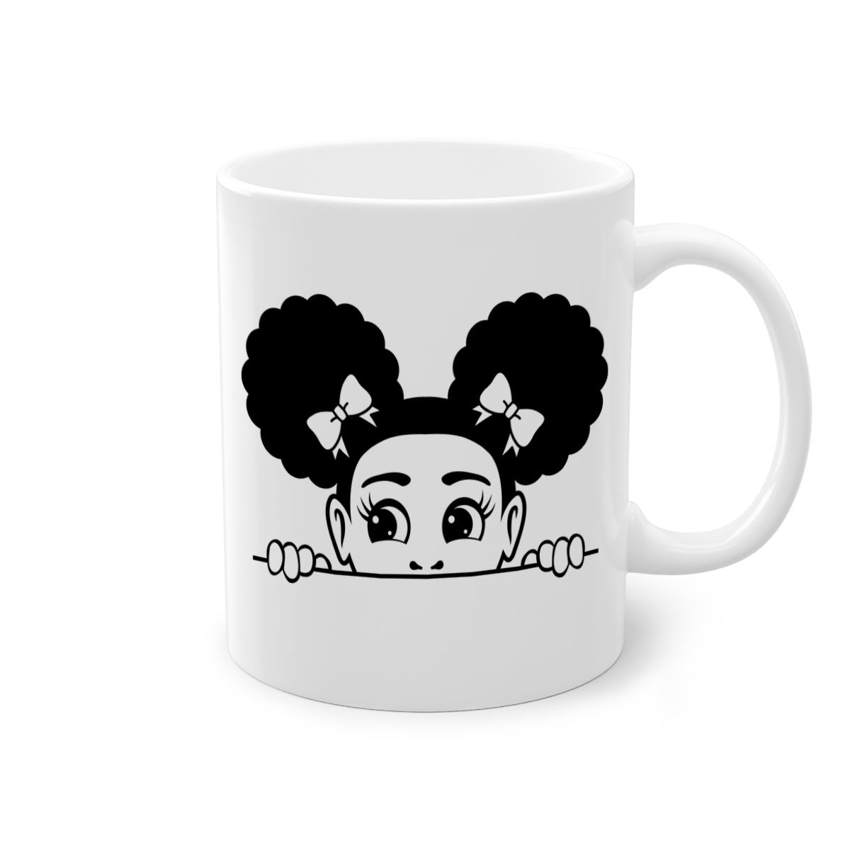 Afro Puffs Girl Peekaboo Mug featuring a colorful design, available in multiple colors with a glossy finish.