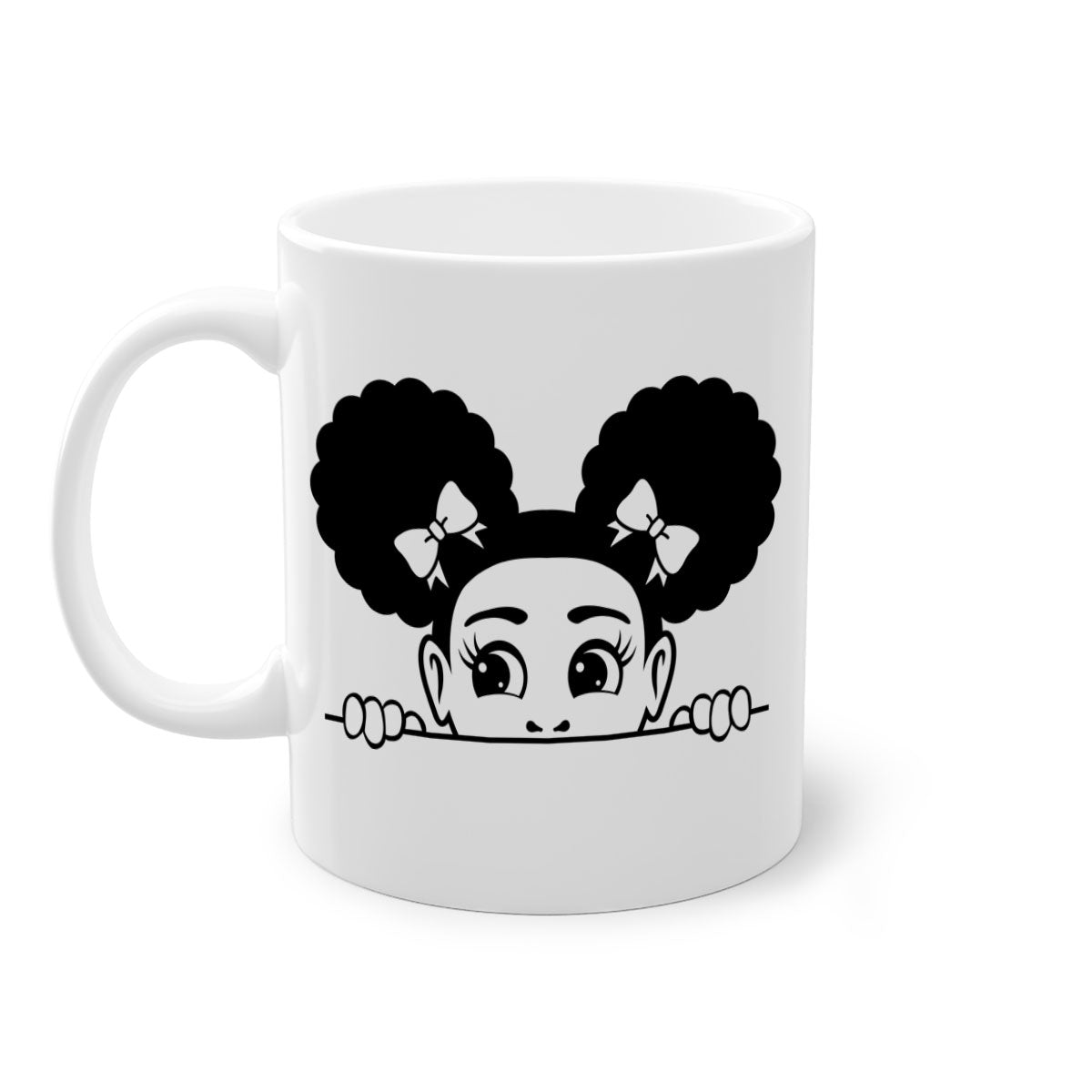 Afro Puffs Girl Peekaboo Mug featuring a colorful design, available in multiple colors with a glossy finish.