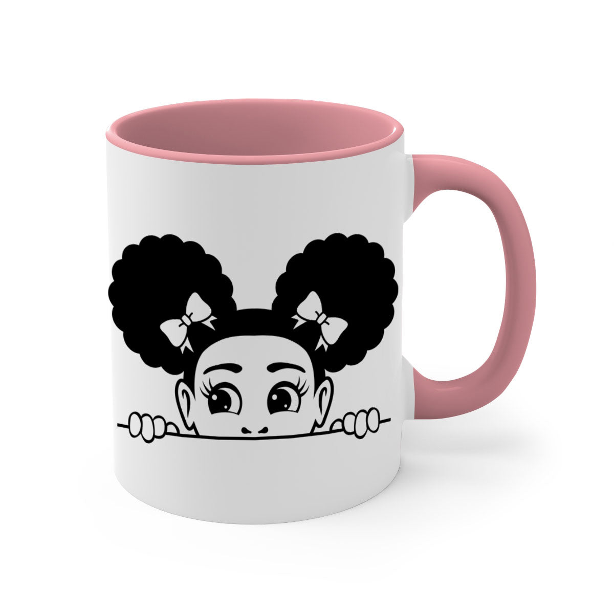 Afro Puffs Girl Peekaboo Mug featuring a colorful design, available in multiple colors with a glossy finish.