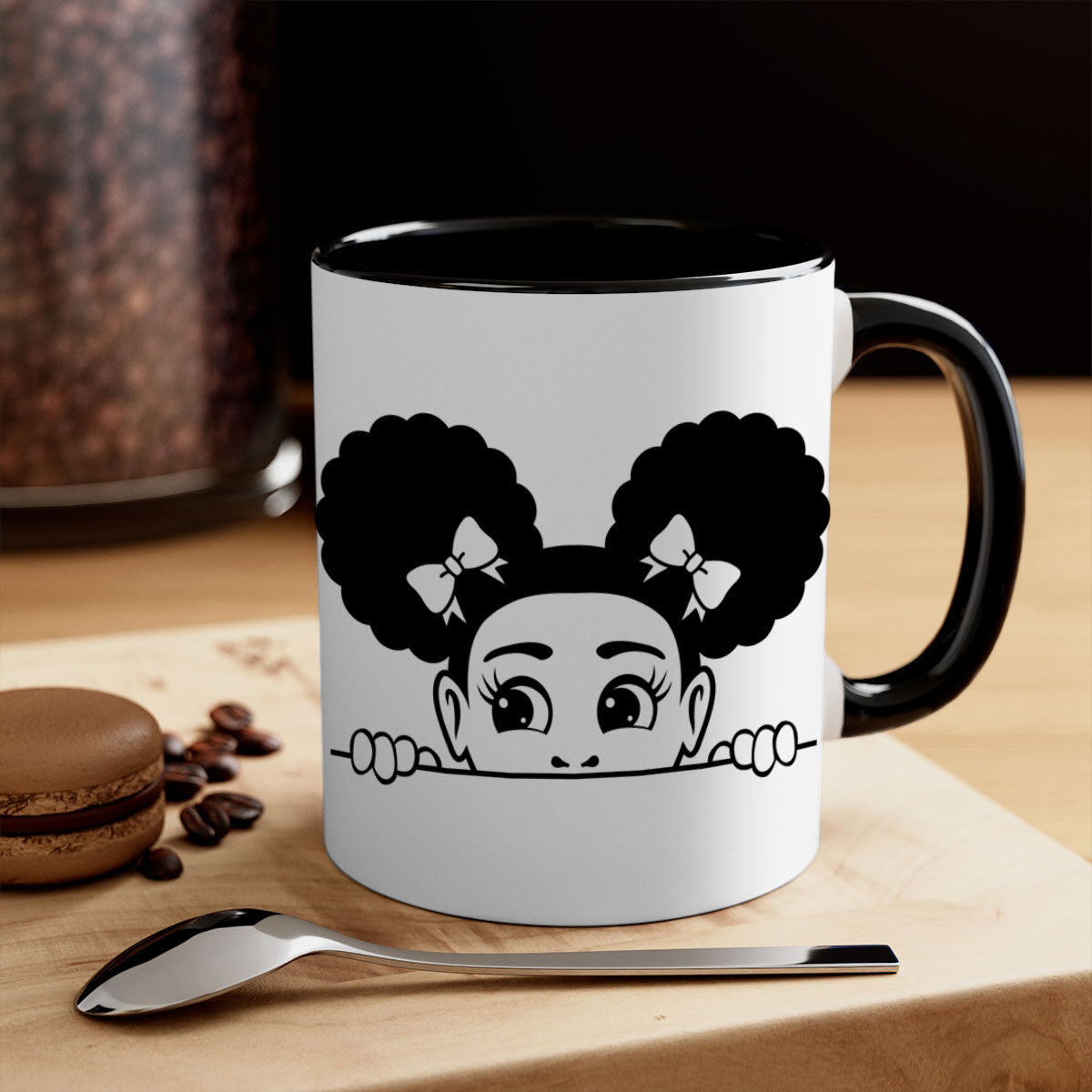 Afro Puffs Girl Peekaboo Mug featuring a colorful design, available in multiple colors with a glossy finish.