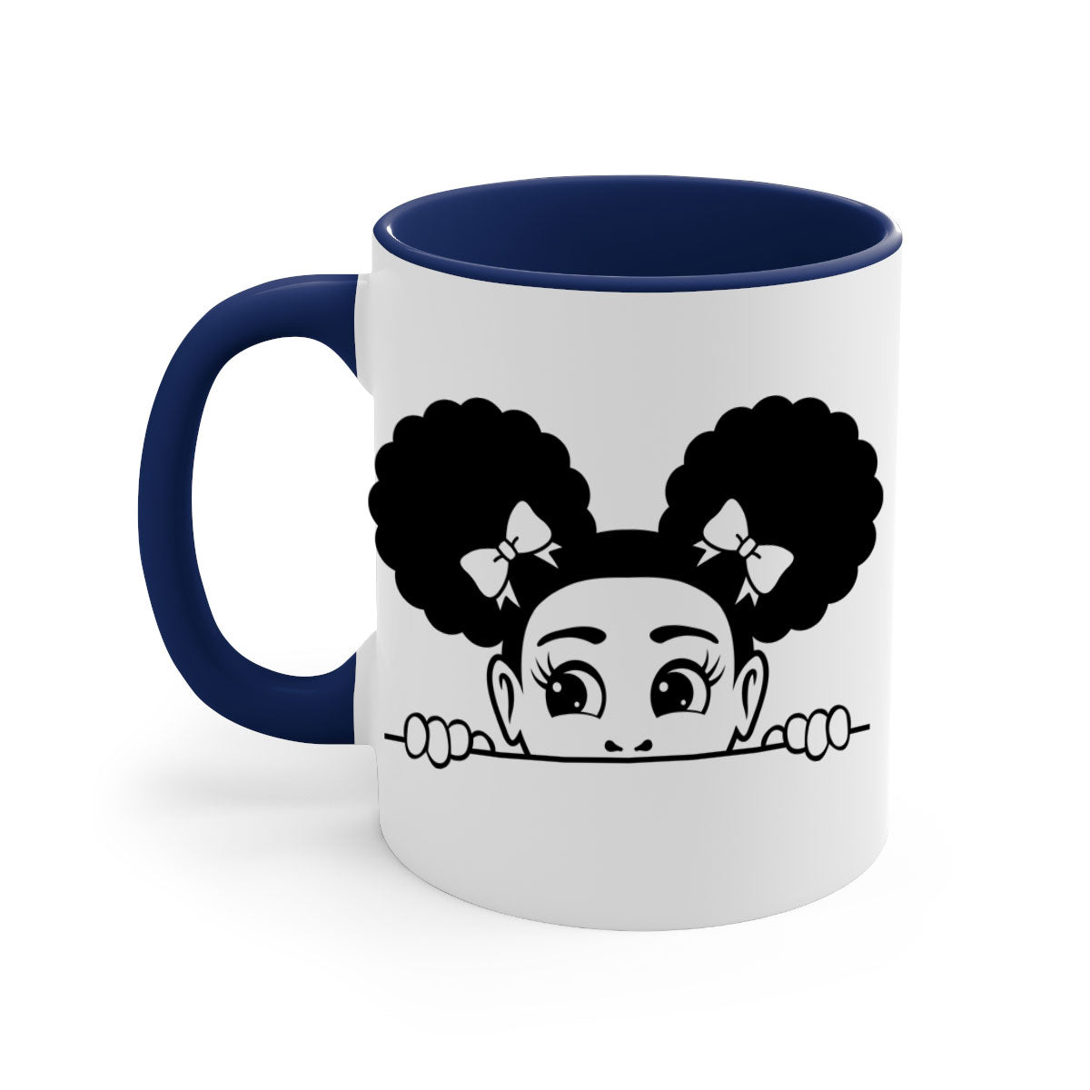 Afro Puffs Girl Peekaboo Mug featuring a colorful design, available in multiple colors with a glossy finish.