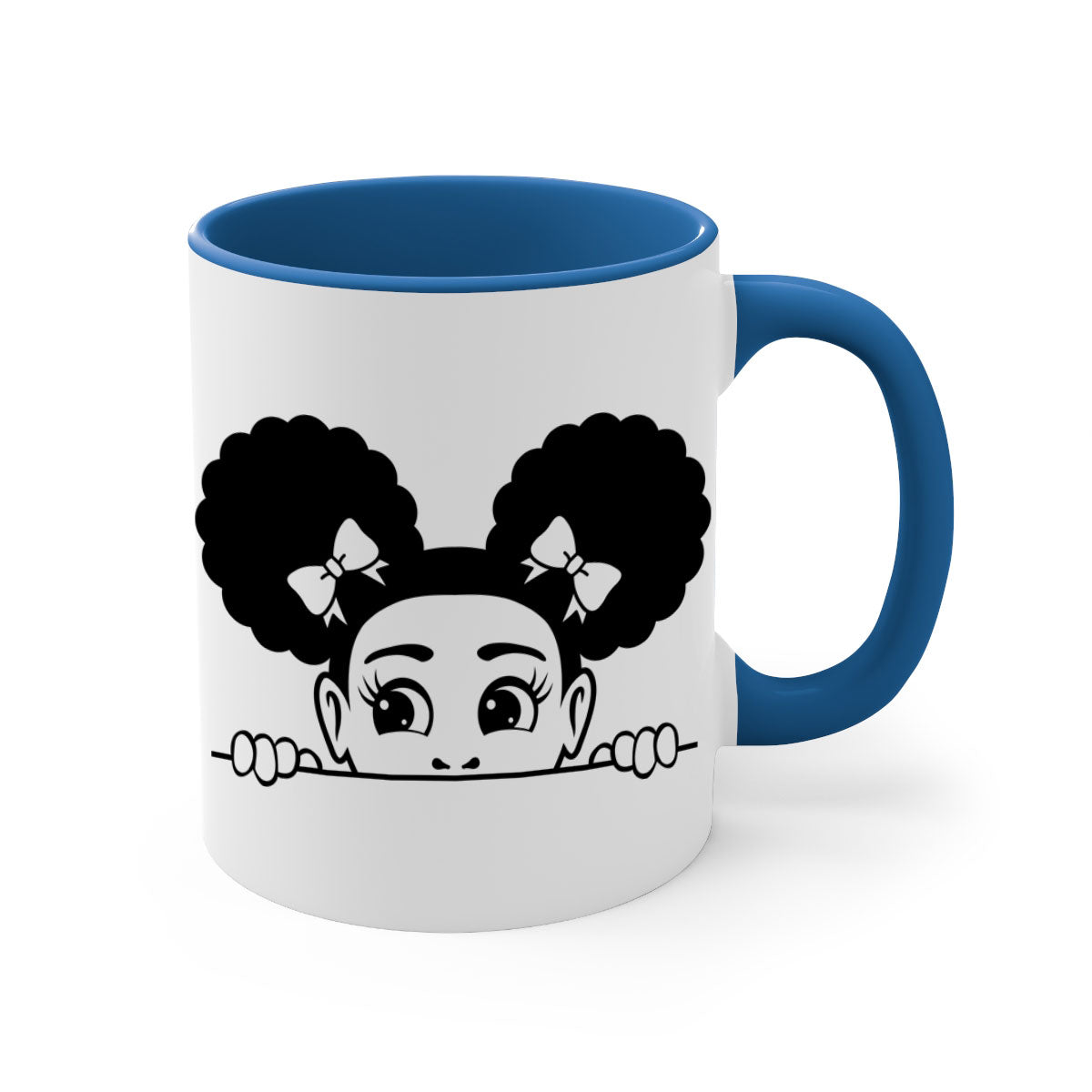 Afro Puffs Girl Peekaboo Mug featuring a colorful design, available in multiple colors with a glossy finish.