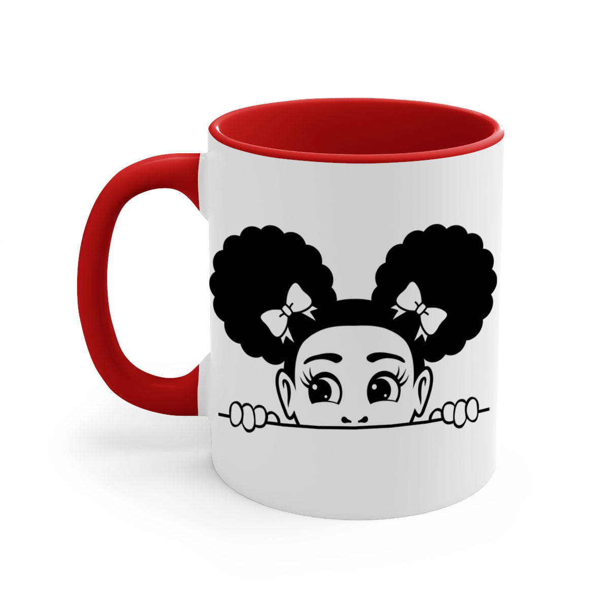 Afro Puffs Girl Peekaboo Mug featuring a colorful design, available in multiple colors with a glossy finish.