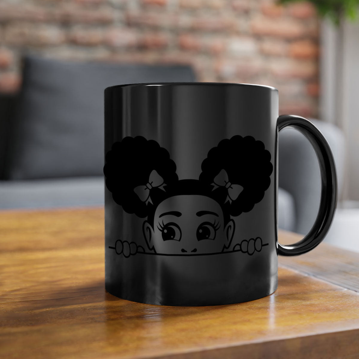 Afro Puffs Girl Peekaboo Mug featuring a colorful design, available in multiple colors with a glossy finish.