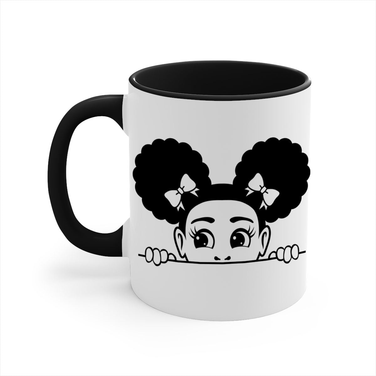 Afro Puffs Girl Peekaboo Mug featuring a colorful design, available in multiple colors with a glossy finish.