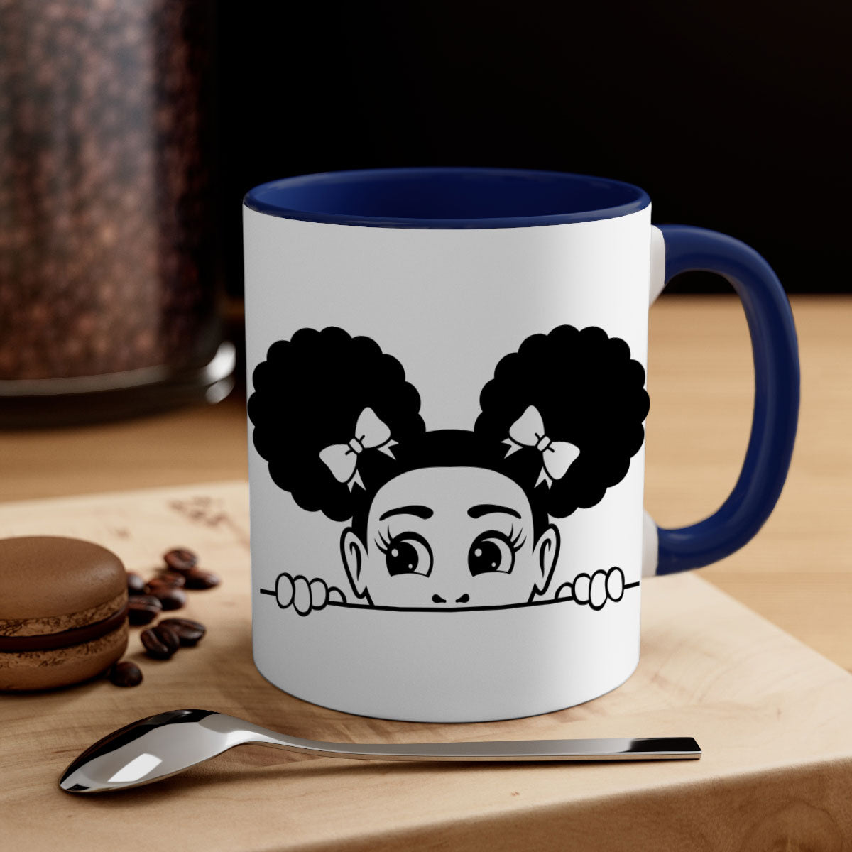 Afro Puffs Girl Peekaboo Mug featuring a colorful design, available in multiple colors with a glossy finish.