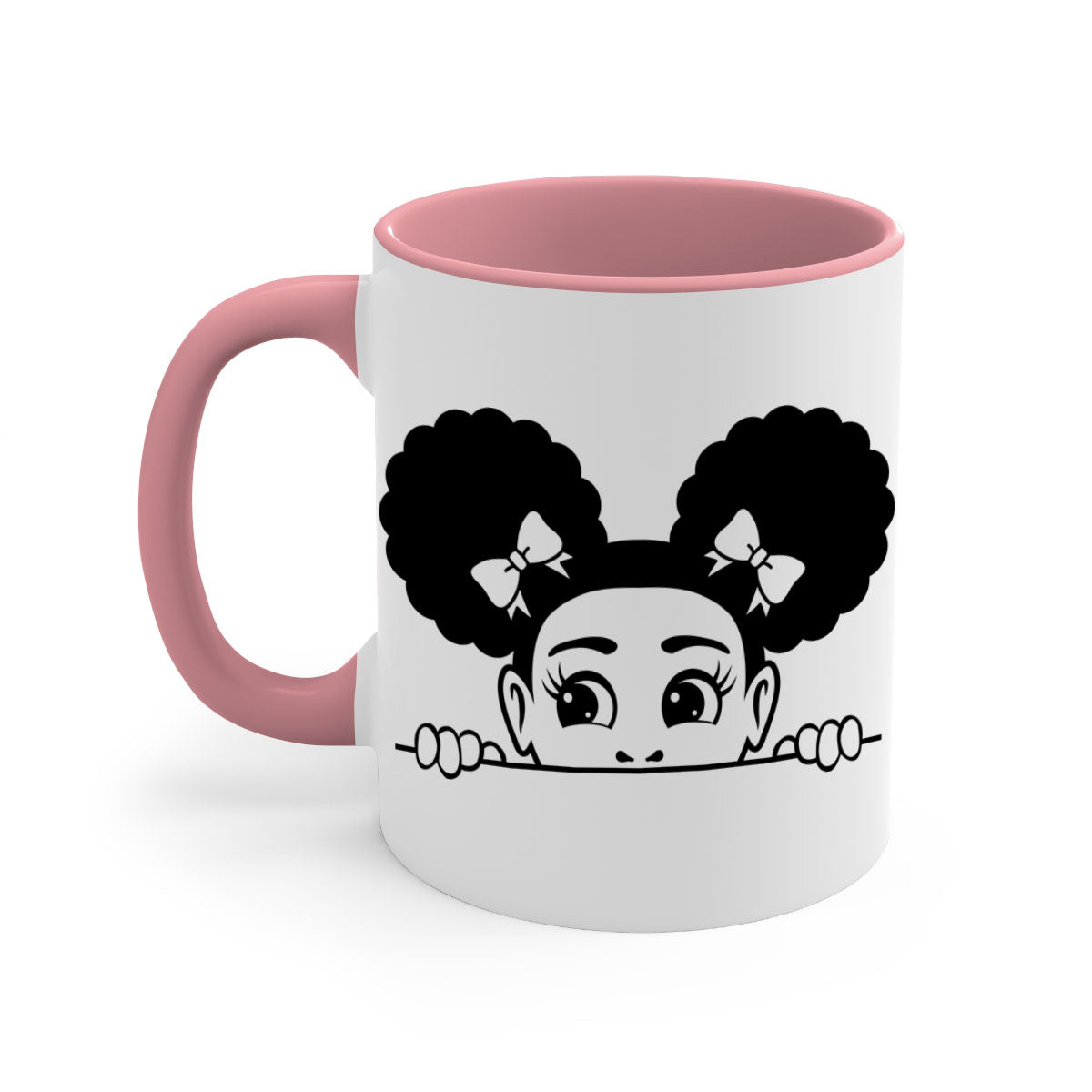 Afro Puffs Girl Peekaboo Mug featuring a colorful design, available in multiple colors with a glossy finish.