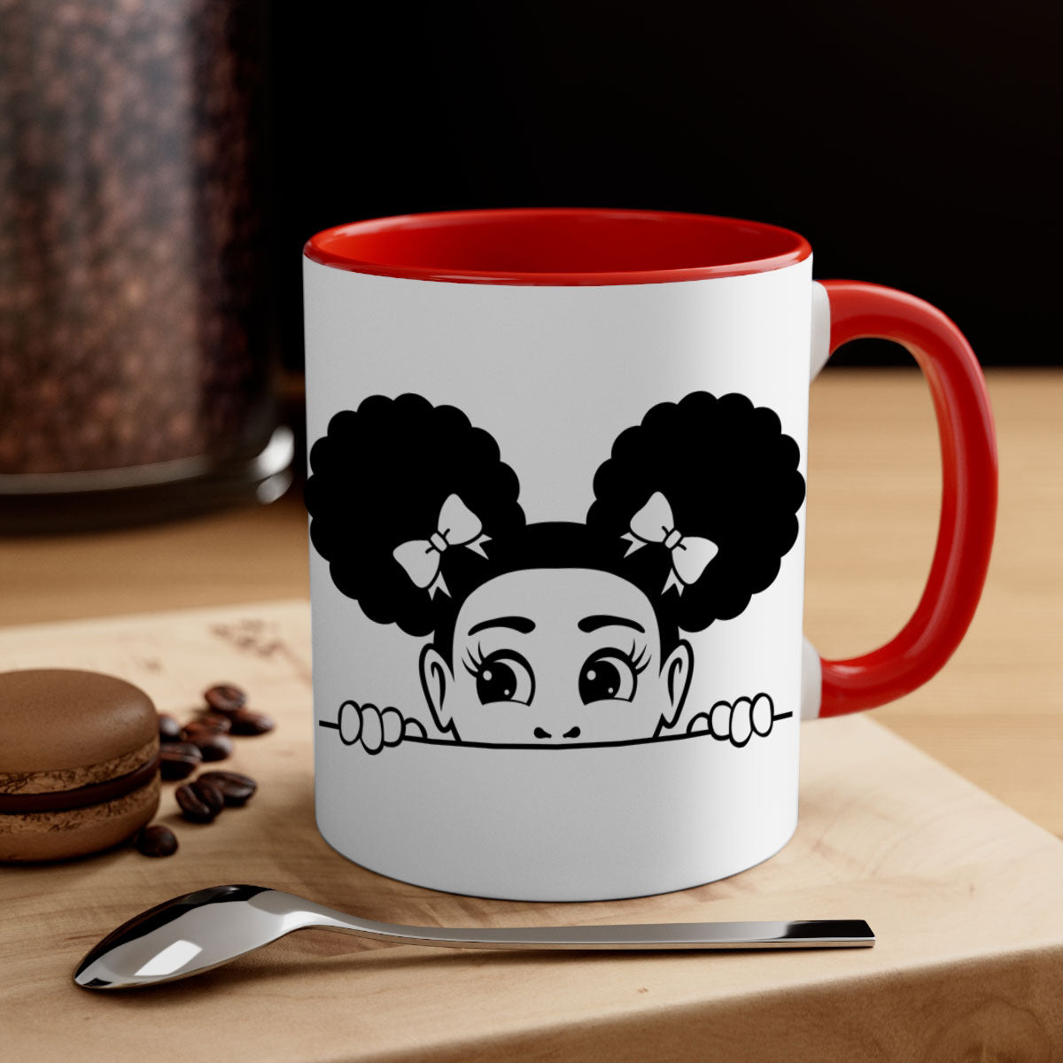 Afro Puffs Girl Peekaboo Mug featuring a colorful design, available in multiple colors with a glossy finish.