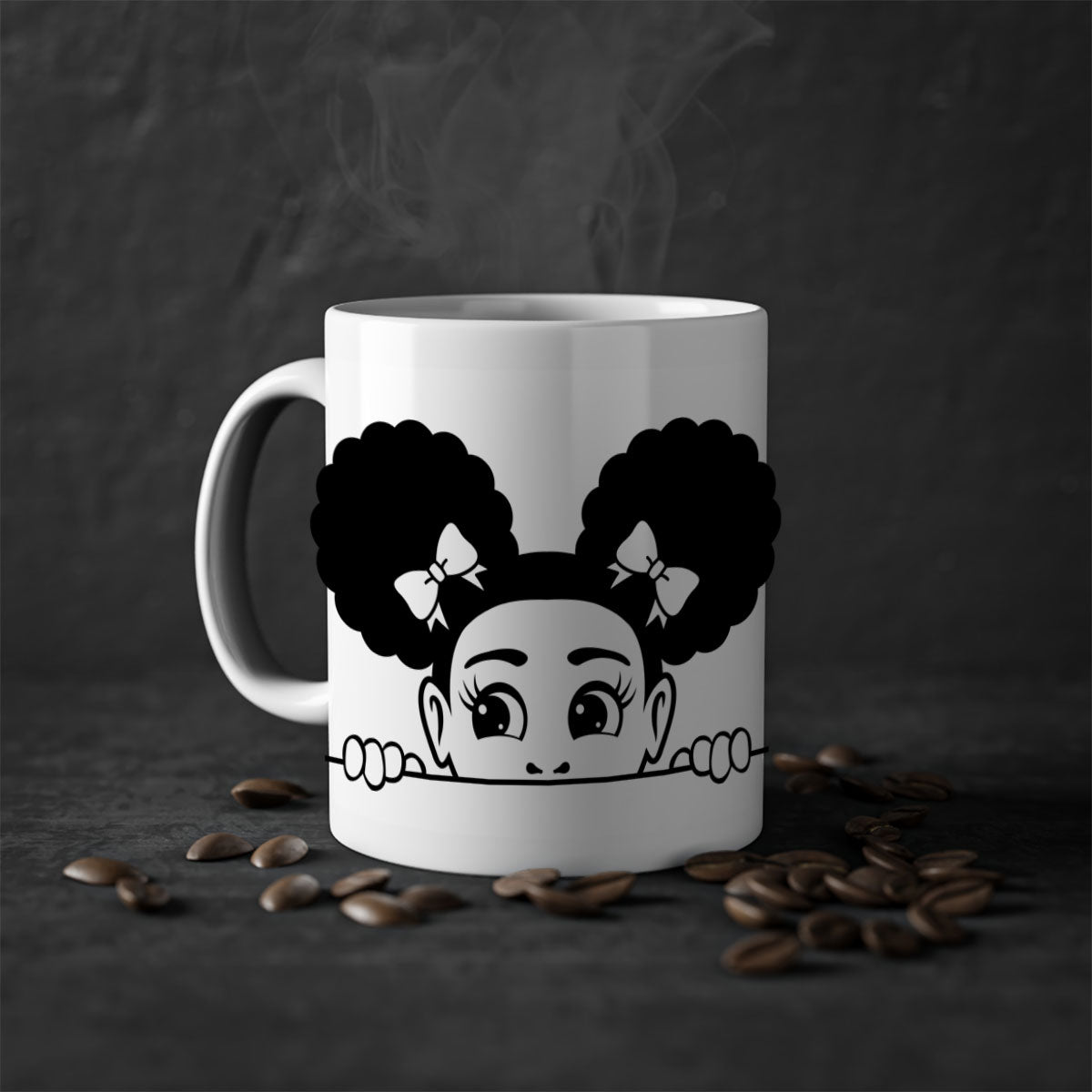 Afro Puffs Girl Peekaboo Mug featuring a colorful design, available in multiple colors with a glossy finish.