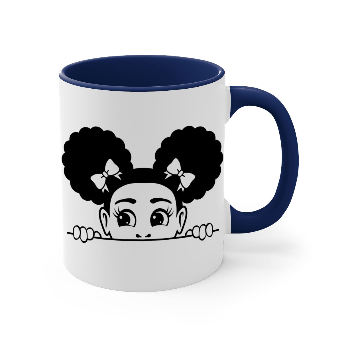 Afro Puffs Girl Peekaboo Mug featuring a colorful design, available in multiple colors with a glossy finish.